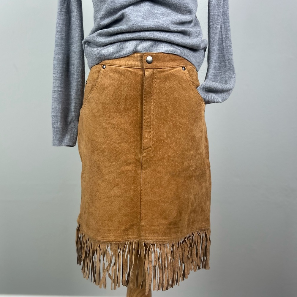 Fringe Hem Suede Mini Skirt - Tan